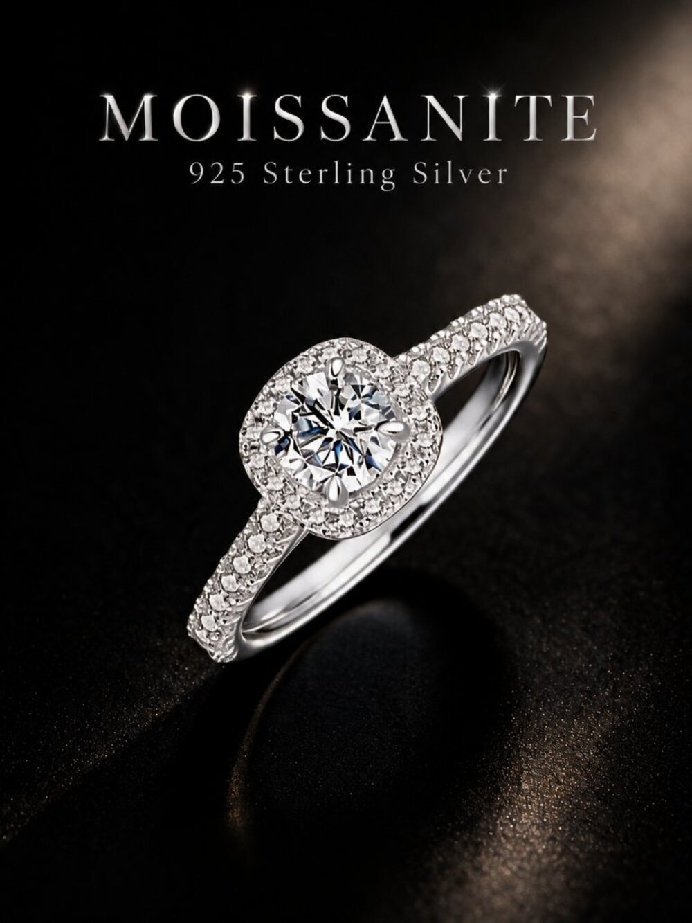 Moissanite Cushion Halo Ring, 925 Sterling Silver, Size 8, 1CT D Color VVS1